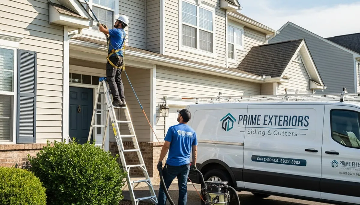 Technician cleaning residential gutters with safety gear in Columbus, OH by Next Level Exteriors