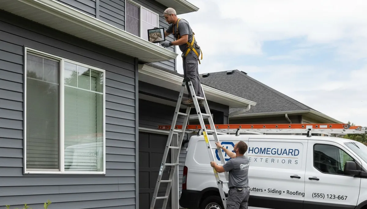 Technician performing vinyl siding and gutter inspection on Columbus, OH home exterior