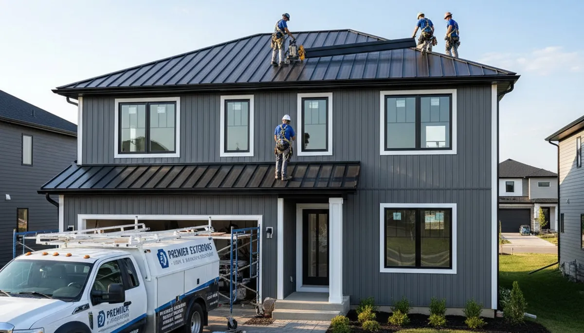 Metal roofing installation on home exterior in Columbus, OH by Next Level Exteriors professionals