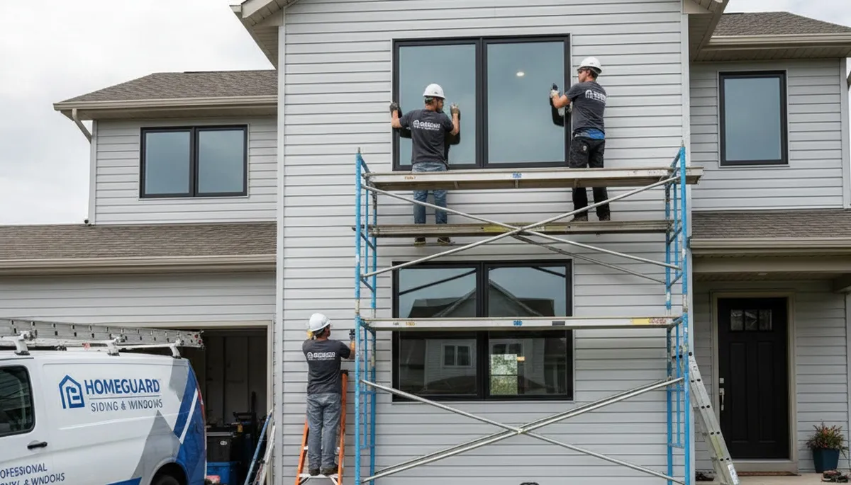 Technician repairing house window frame and glass in Columbus, OH for Next Level Exteriors