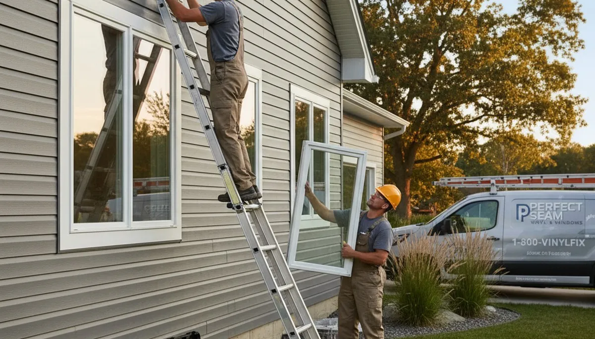 Technician repairing residential window frame with vinyl siding in Columbus, OH