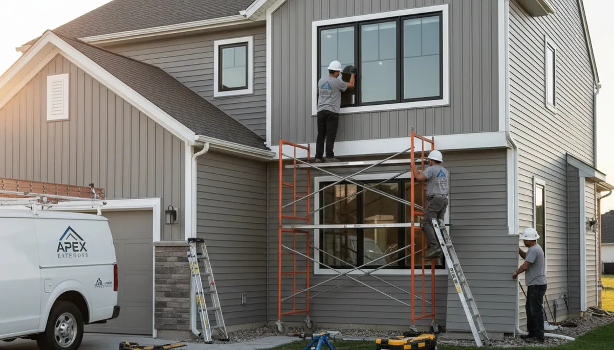 Vinyl siding installation crew at a Columbus, OH home with window replacement work in progress